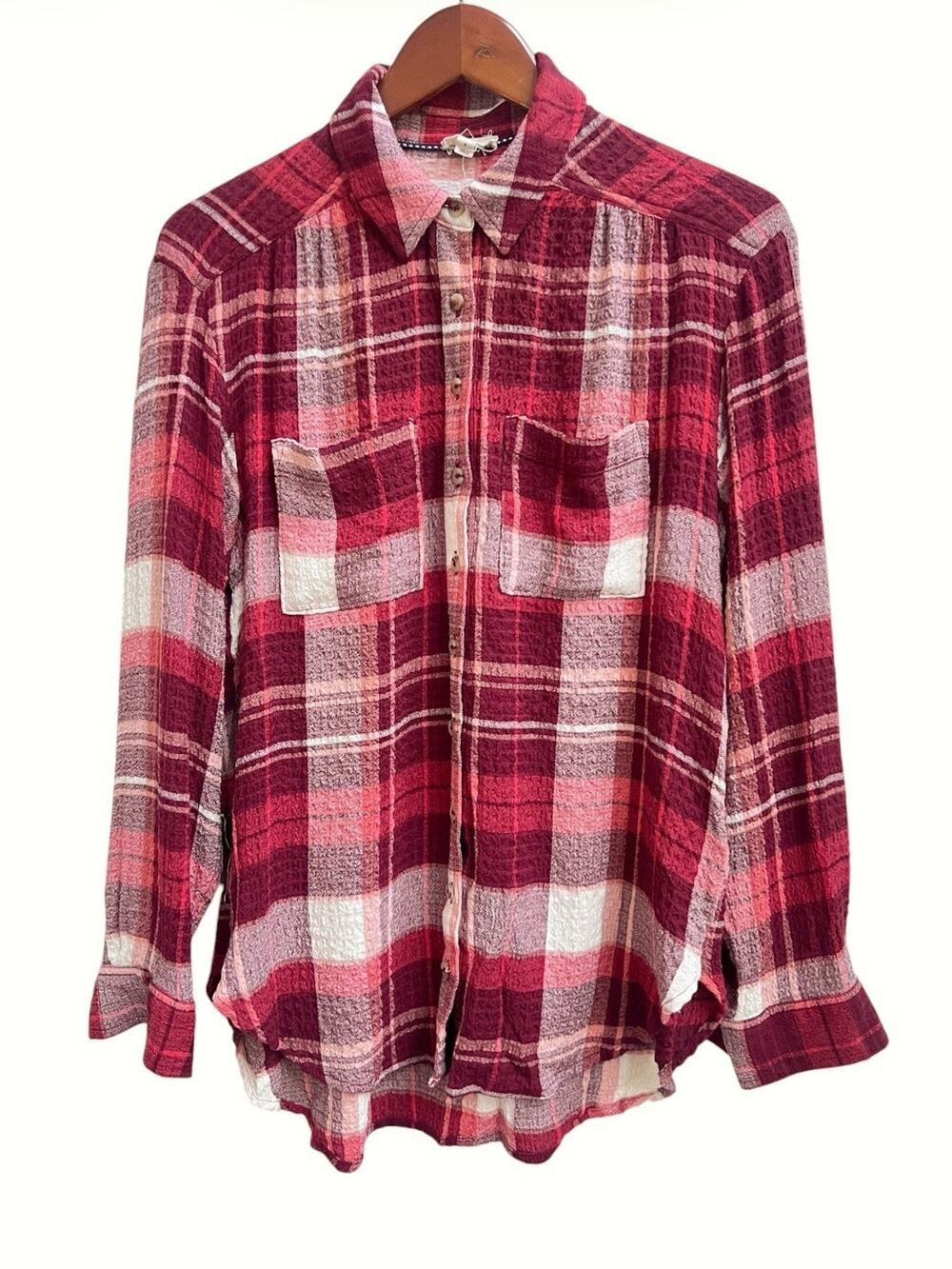Pilcro Button Down Shirt Womens Sz S Red Plaid Western Textured Crinkle Boho
